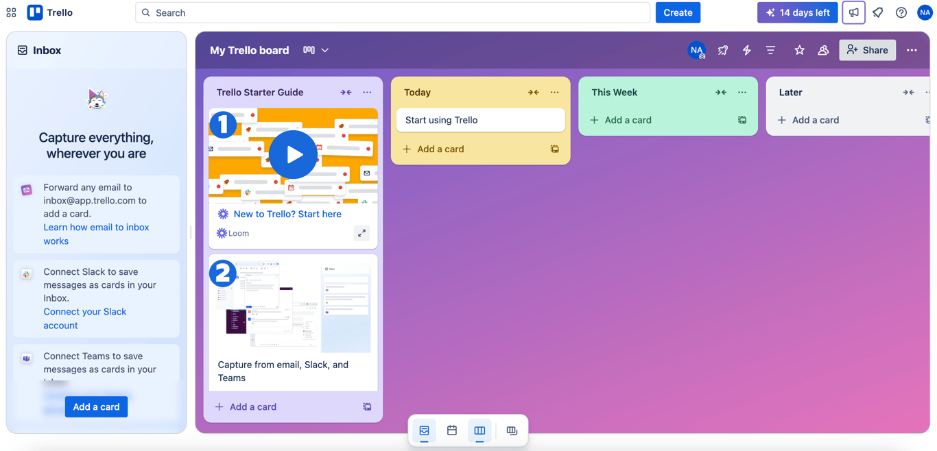 Trello board with multiple lists and draggable cards.