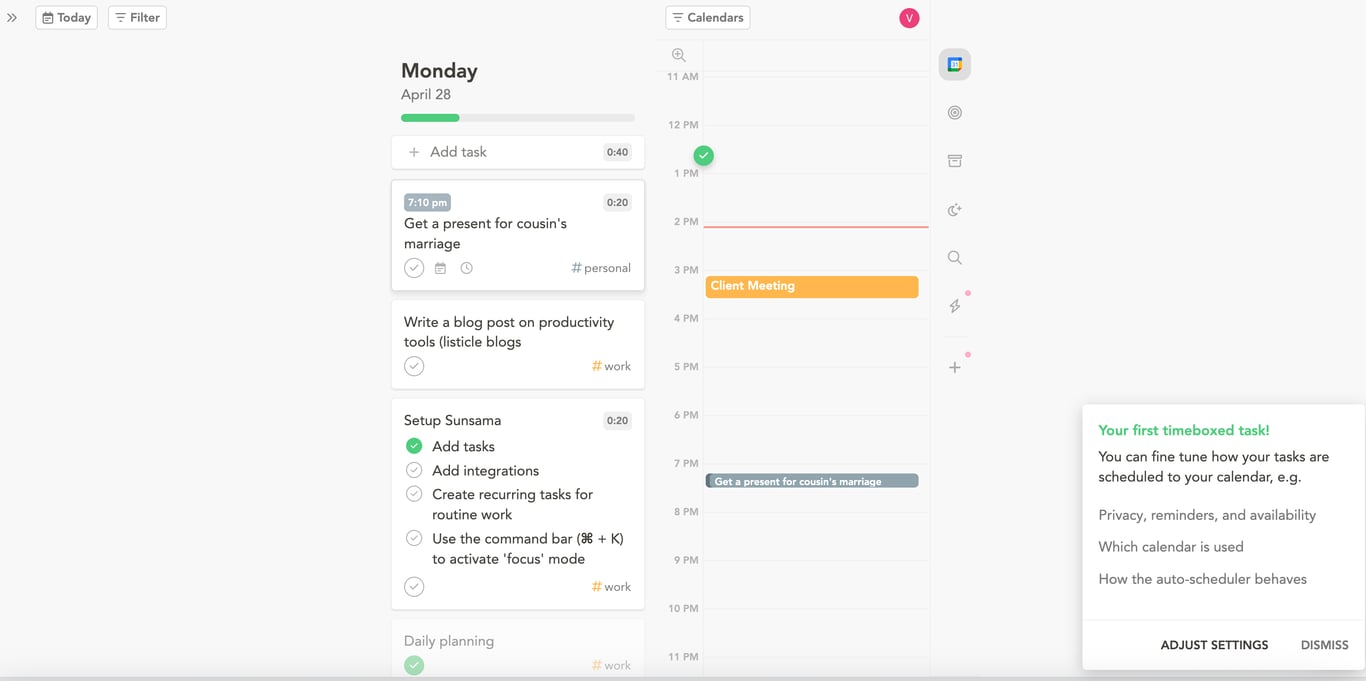 Sunsama interface displaying task