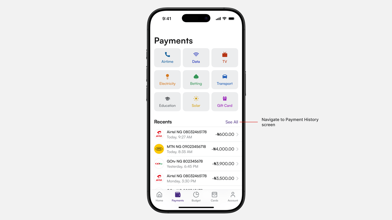 Payments Screen