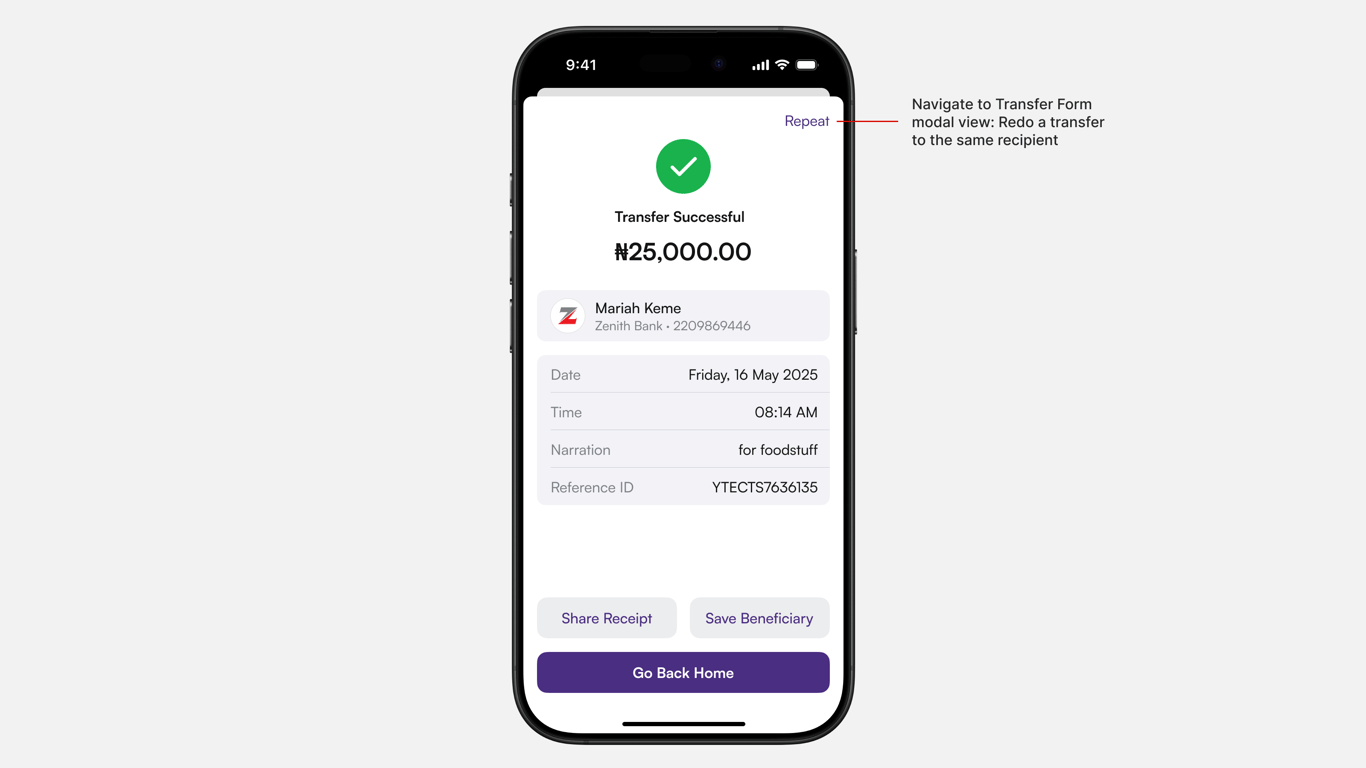 Transfer Status Modal View