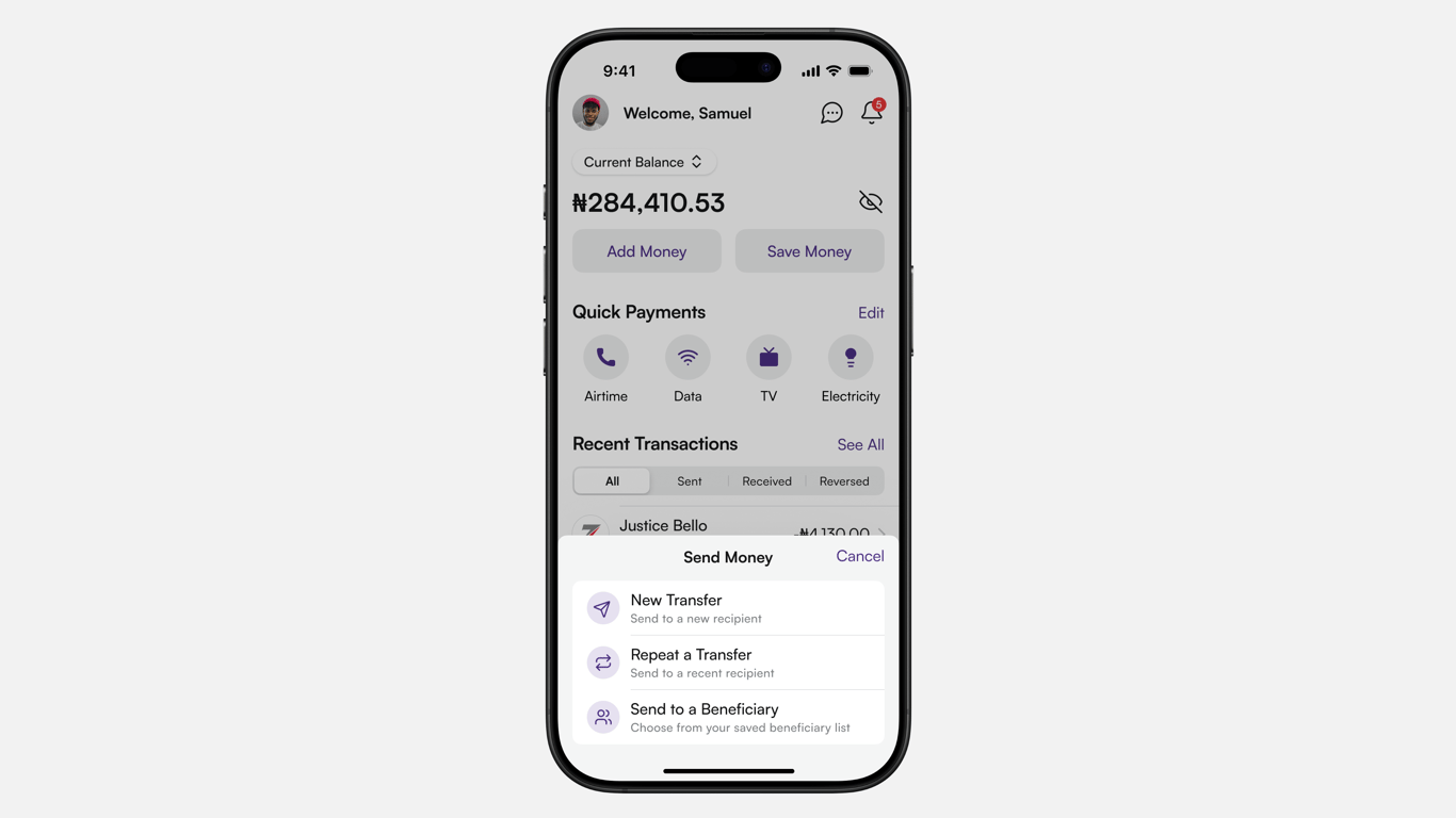 Send Money Options Sheet