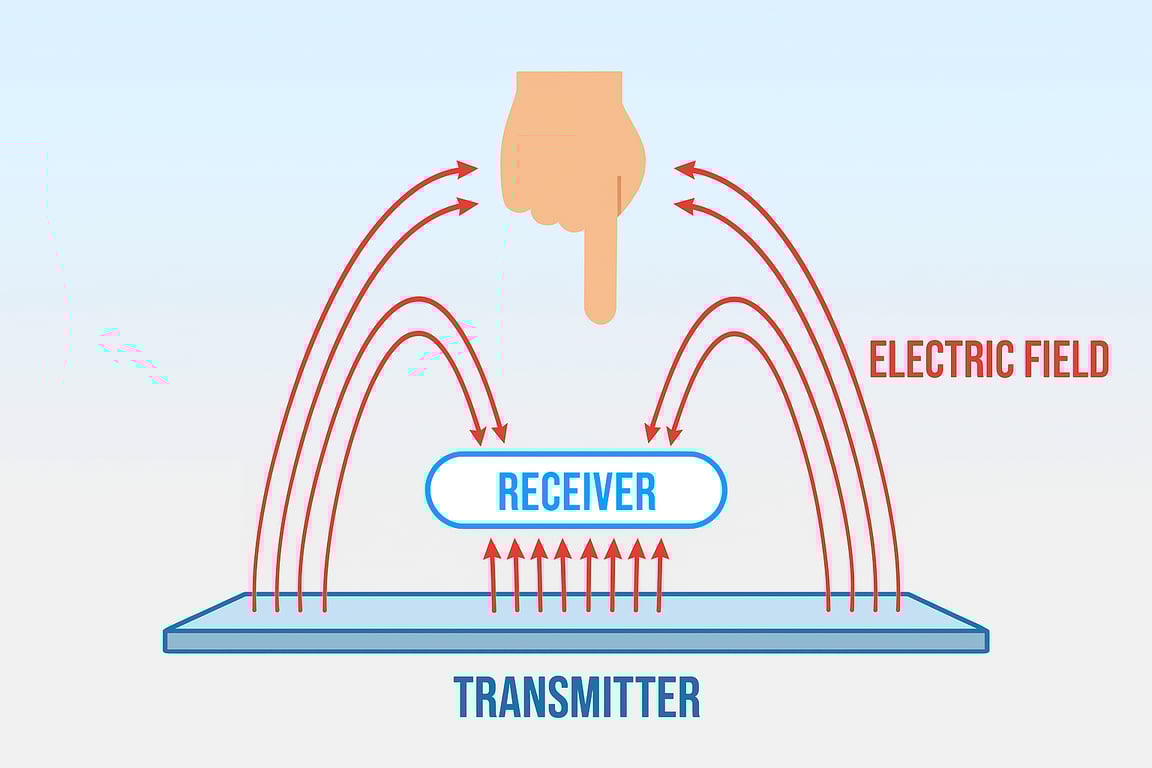 當手指靠近導體時，會改變電場分佈，觸控感測器就能偵測到這個變化。