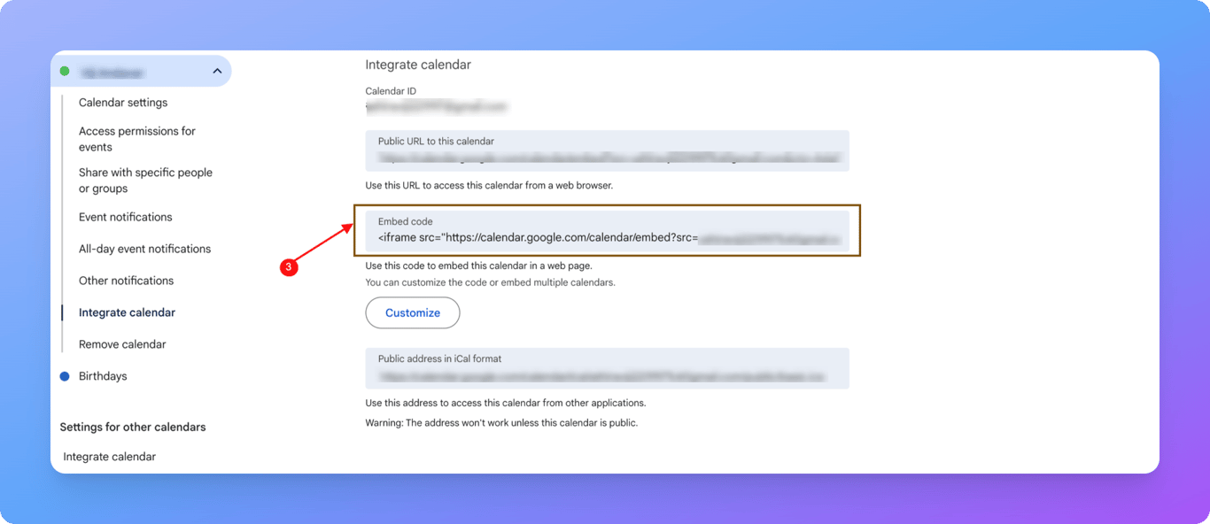 Copying the google calendar embed code