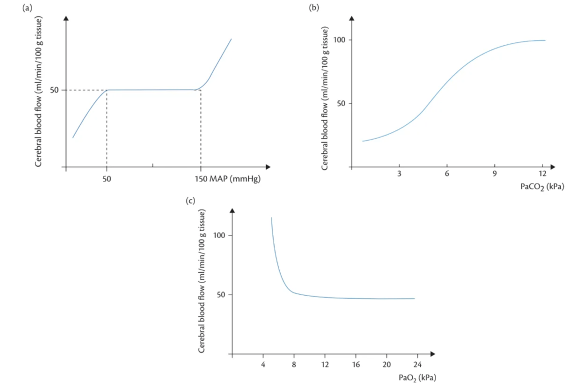 (A) Relationship between CBF and MAP. (B) Relationship between CBF and PCO₂. (C) Relationship between CBF and PO₂. Reproduced from Catherine Spoors and Kevin Kiff, Training in Anaesthesia, Oxford University Press, Oxford, UK, Copyright © 2010. By permission of Oxford University Press.