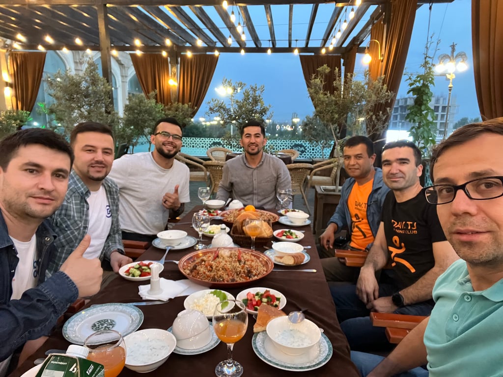 Having dinner with runners from Khujand and all talks about Backyard