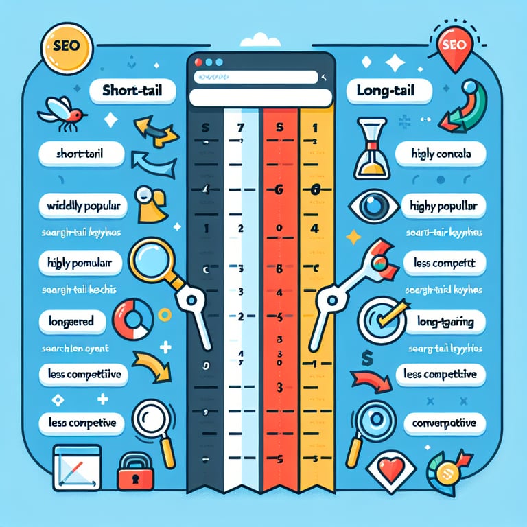 숏테일과 롱테일 키워드의 특징을 비교한 인포그래픽. 파란색 배경에 중앙의 검색창을 중심으로 왼쪽에는 숏테일 키워드의 특징(널리 사용됨, 높은 검색량, 경쟁이 치열함), 오른쪽에는 롱테일 키워드의 특징(매우 구체적, 높은 전환율, 경쟁이 적음)이 시각적으로 표현되어 있습니다. 다양한 아이콘과 차트를 통해 두 키워드 유형의 차이점과 장단점을 보여줍니다.