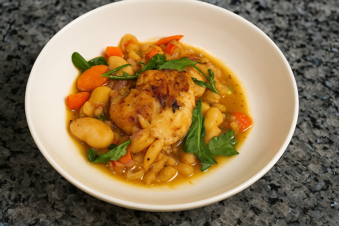 Garlicky Chicken Thighs with Lemony Giant Corona Beans & Saffron Ragout