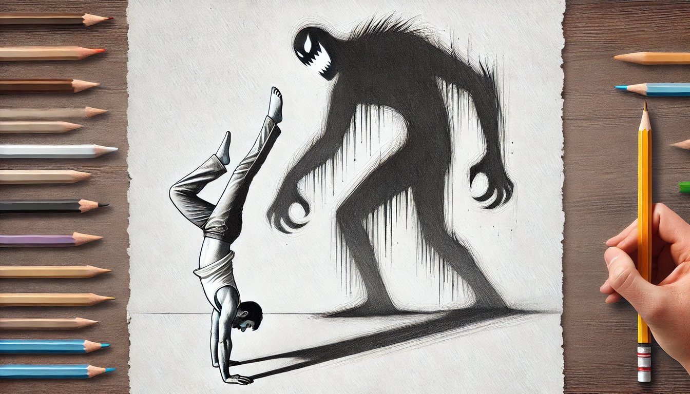 DALL·E 2025-07-03 10.16.13 - A pencil sketch illustration of a handbalancer conquering their inner fear. The image shows a person performing a handstand confidently while facing a.webp