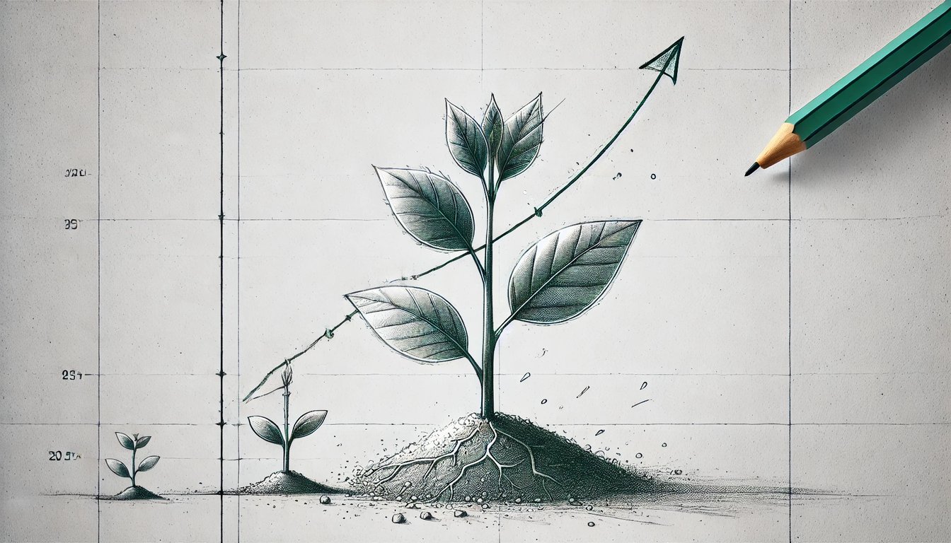 DALL·E 2025-07-03 10.05.45 - A realistic pencil sketch illustration of a growing plant. The image shows a small sprout emerging from the soil and gradually developing into a large.webp