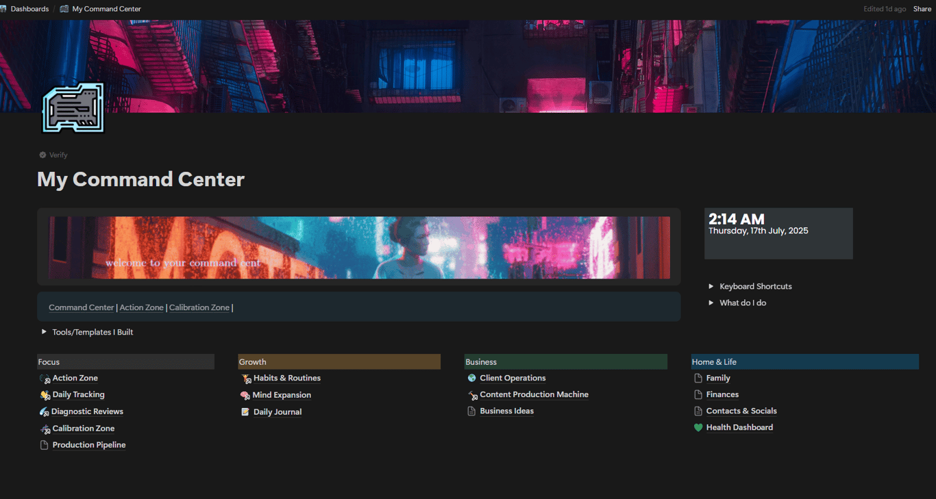 a life dashboard with many databases and nested pages (pages inside of pages)