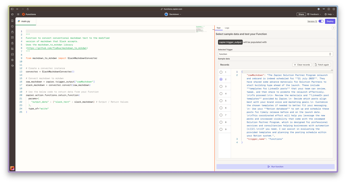 Effortlessly Convert Markdown to Slack Formatting with Zapier Functions