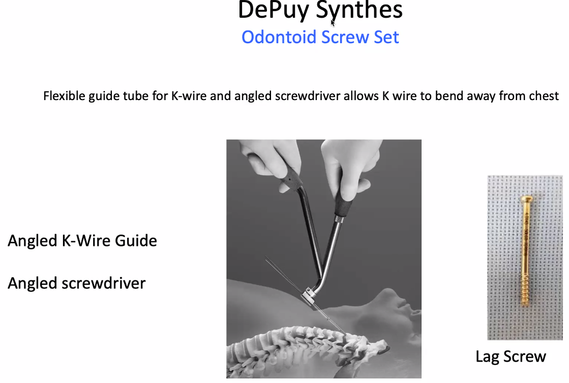 DePuy Synthes Odontoid Screw Set Flexible guide tube for K-wire and angled screwdriver allows K wire to bend away from chest Angled K-Wire Guide Angled screwdriver Lag Screw 