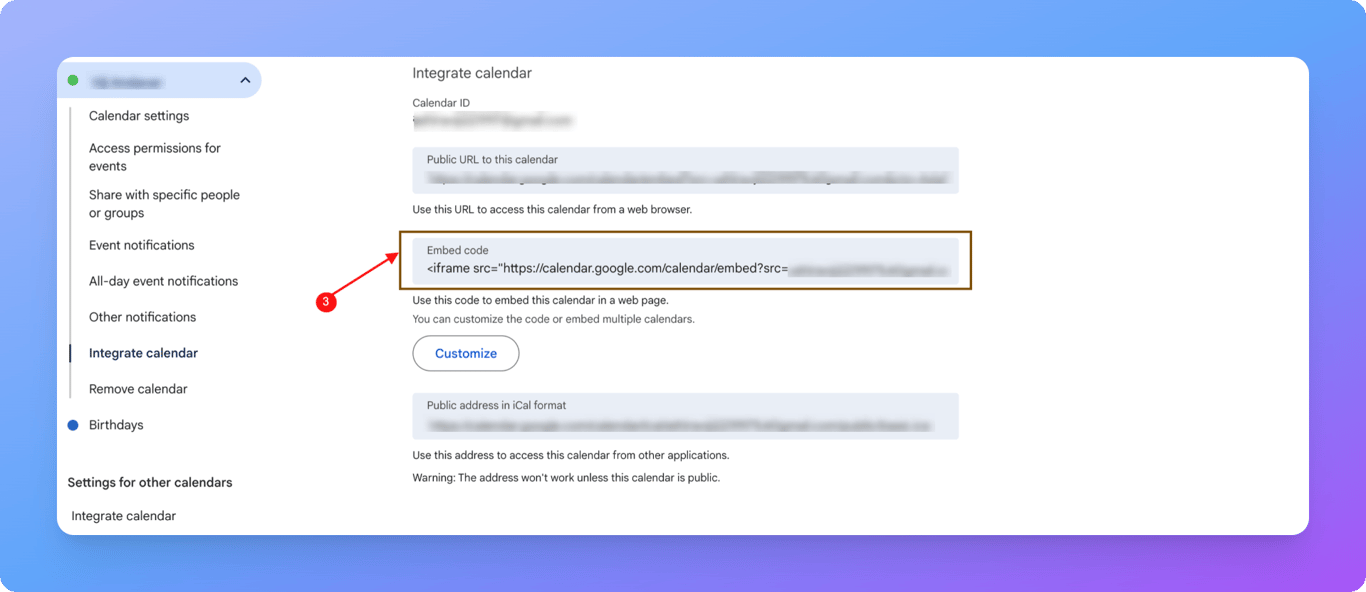Copying the google calendar embed code