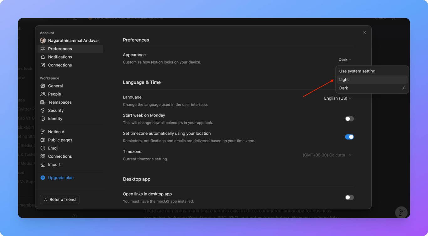 Disabling Notion dark theme