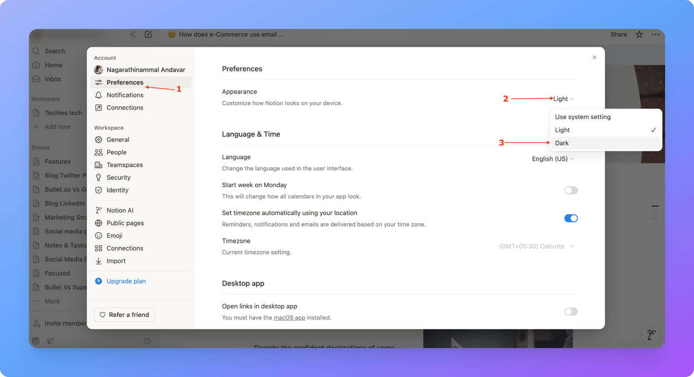 Enabling dark theme in notion