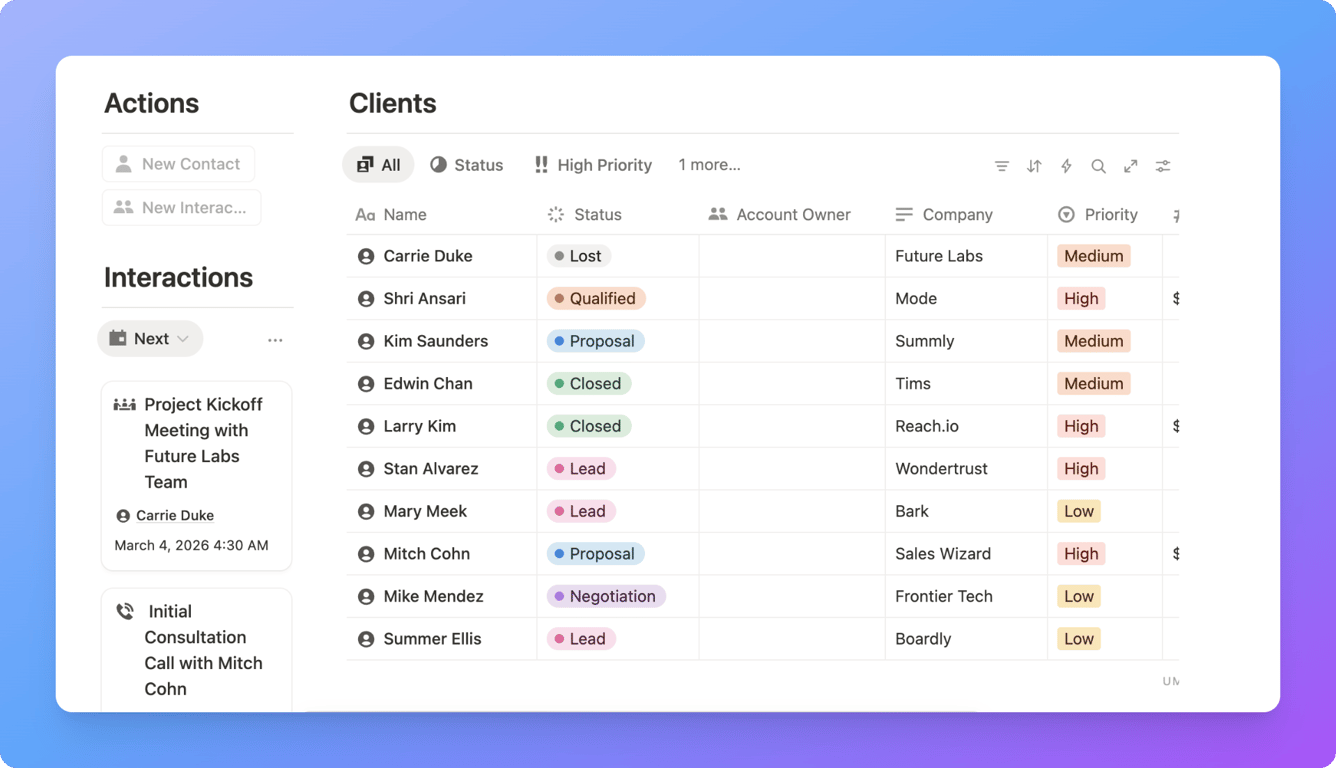 Sales CRM in notion