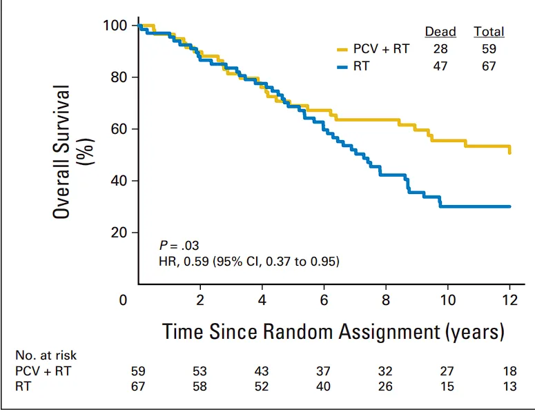 Kaplan-Meier estimates of overall survival by treatment for patients with 1p/19q codeleted anaplastic oligodendroglioma (AO)/anaplastic oligoastrocytoma (AOA). 