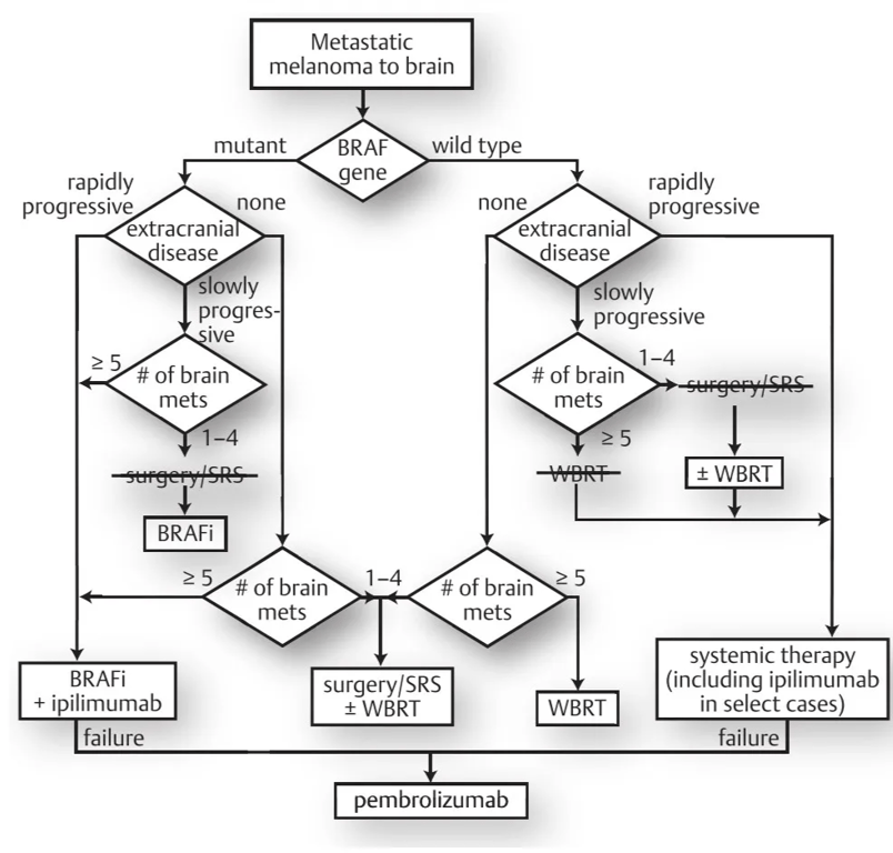Metastatic melanoma to brain rapidly progressive 1-4 mutant none BRAF gene wild type none rapidly progressive extracrania disease slowly progres ive 25 # of brain mets 1-4 extracrania disease slowly progressive 1-4 # of brain mets BRAFi BRAFi + ipilimumab failure # of brain mets # of brain mets 25 WBRT surgery/SRS pembrolizumab ± WBRT systemic therapy (including ipilimumab in select cases) failure Fig. 50.1 Suggested algorithm for patients with metastatic melanoma to the brain (adapted24). 