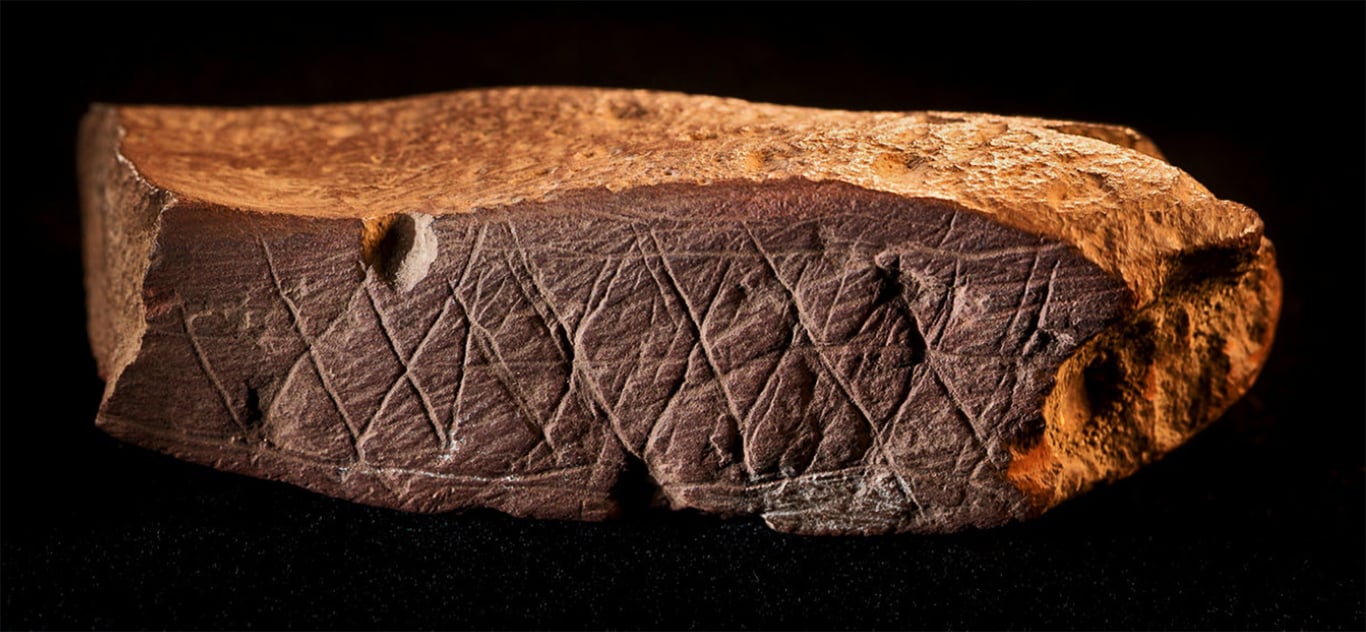 A crosshatch pattern on a piece of ocher is one of the oldest known works of art. It was made by early humans at least 70,000 years ago. The ocher came from Blombos Cave, near Stilbaai (Still Bay), Western Cape, South Africa.