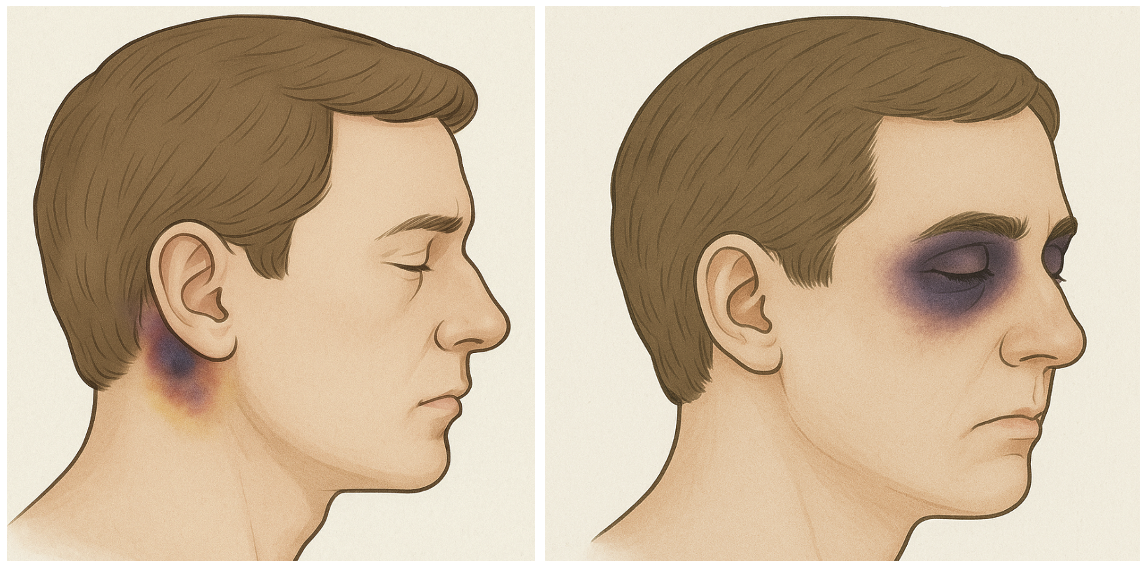 (LEFT): Racoon eyes (RIGHT) Battle’s sign 