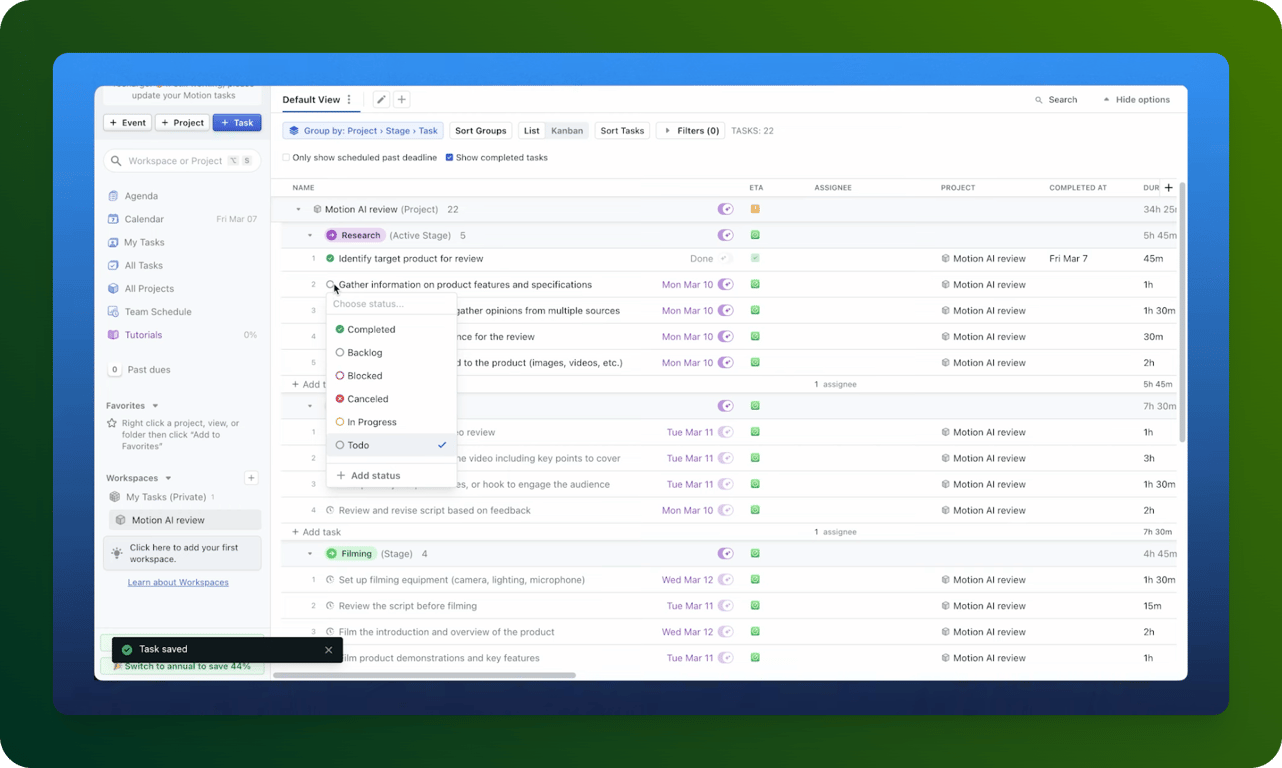 Motion AI’s project management view