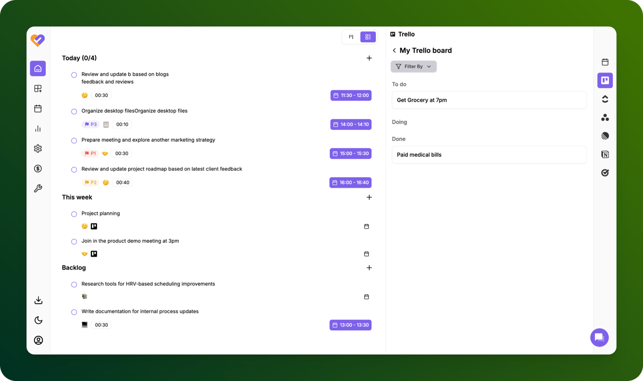 TimeHero’s Trello Integration view
