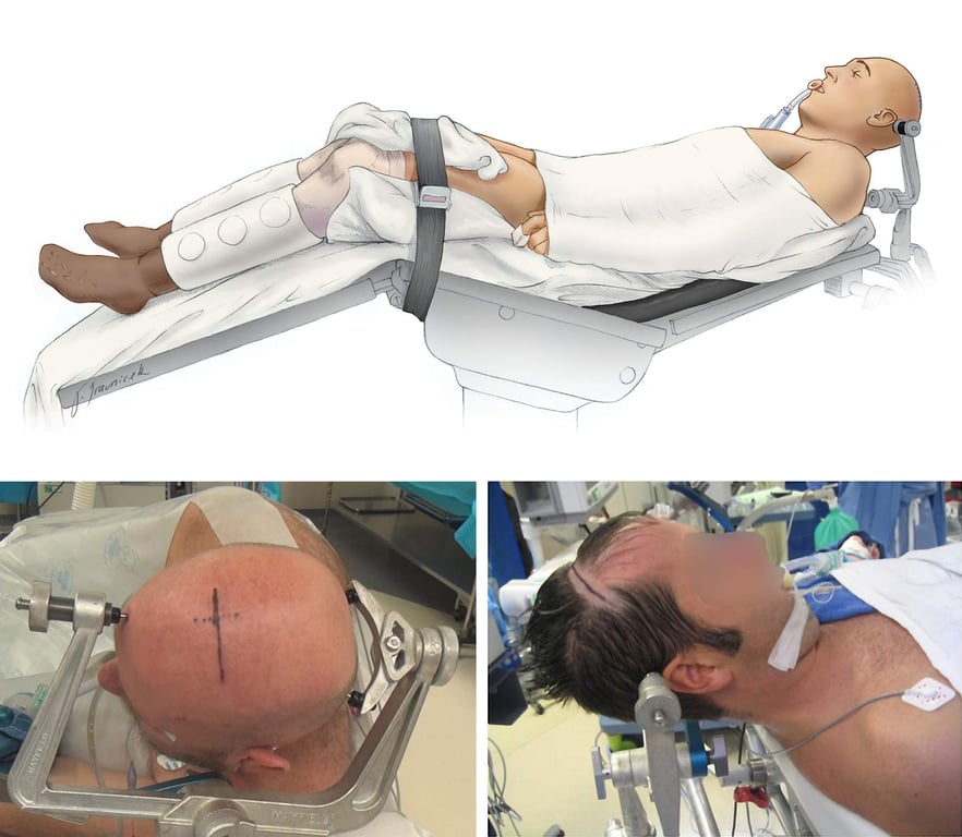 Figure 5: The patient may be placed supine or in the lateral position. The supine position more readily orients the operator to the midline structures (right lower image), whereas the lateral position (left lower image) allows gravity retraction to mobilize the dependent (ipsilateral) hemisphere. In the case of a pericallosal aneurysm, the patient’s head is extended to achieve proximal control between the anterior communicating artery and the genu of corpus callosum. In the case of a tumor, the lesion should be positioned as high as possible within the operative field.
