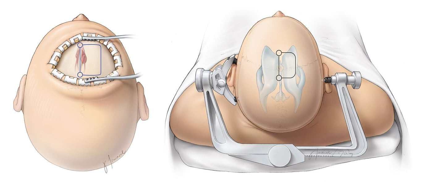 Figure 8: A right paramedian craniotomy is outlined for pericallosal aneurysms (left image) or may be applied for intraventricular tumors (right image). Neuronavigation is helpful in planning the craniotomy and callosotomy. Note that the burr holes are placed on the venous sinus, and the width of the sinus is partially exposed to allow gentle rotation of the dural sinus after dural opening.