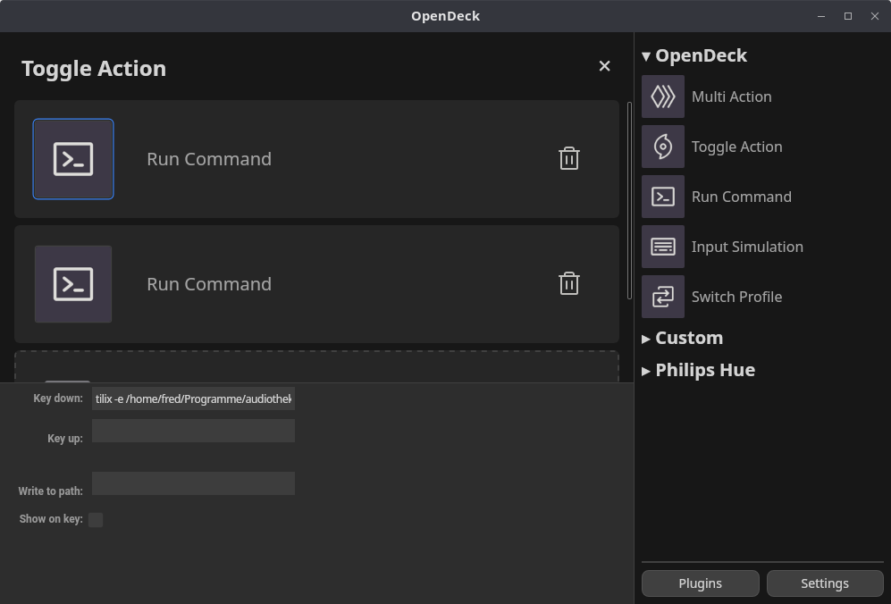 Wir nutzen “Toggle Action” mit Run Command, um je nach State einen unterschiedlichen Befehl auszuführen.