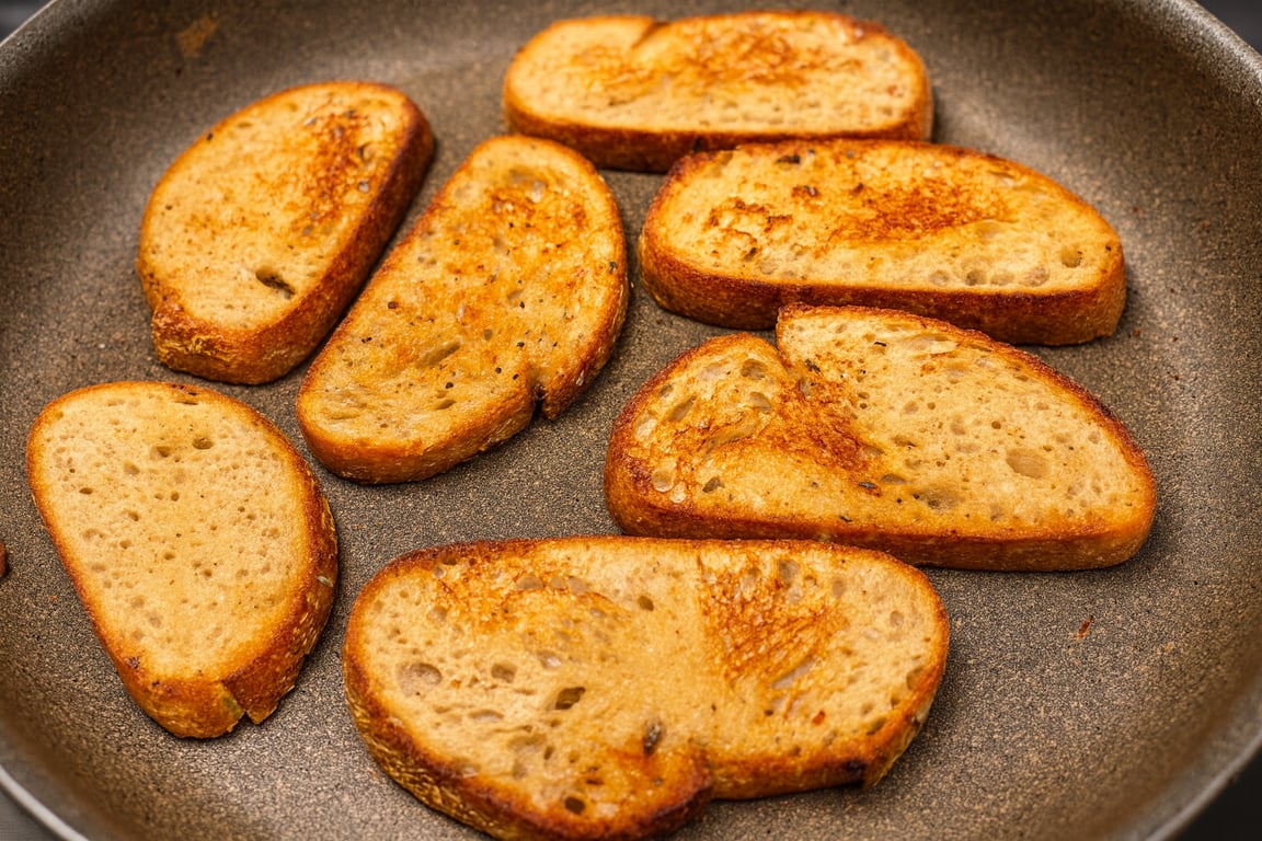 Golden-brown rosemary bread crisping in a skillet with a drizzle of EVOO. 