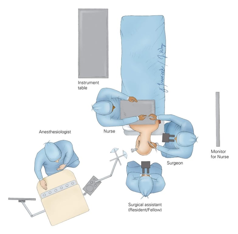 Figure 5: The operating room setup is illustrated. The patient is placed in a modified park-bench position. The assistant handling the instruments should stand across from the surgeon to transfer the instruments efficiently. The anesthesiologist may be placed at the foot of the table. This configuration provides additional room for the rest of the operating team.