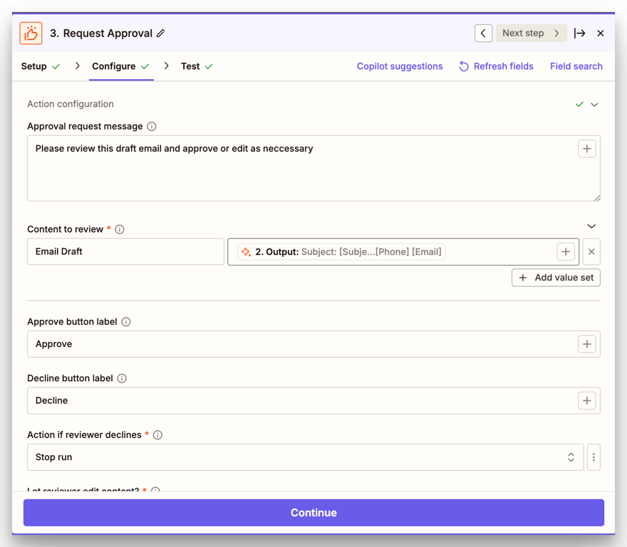 Adding an approval request step to your workflow