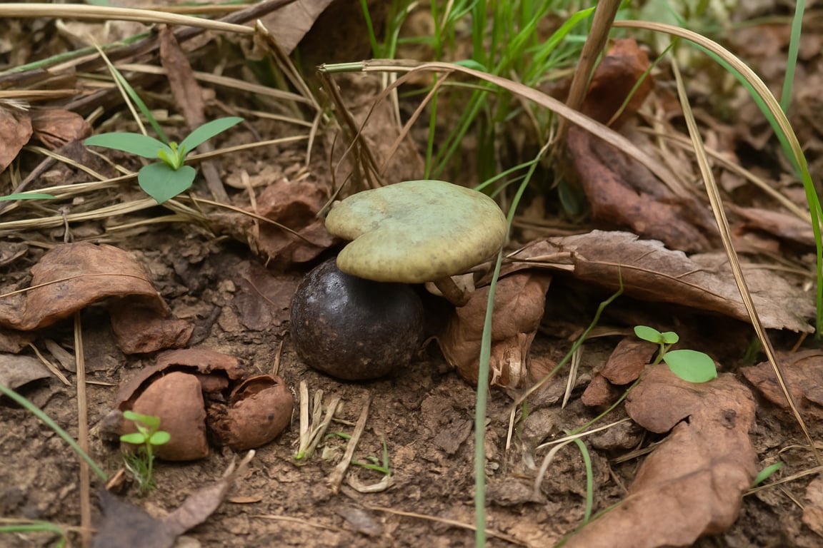 A bolete mushroom sprouting from a cracked nut — decay becoming life again.