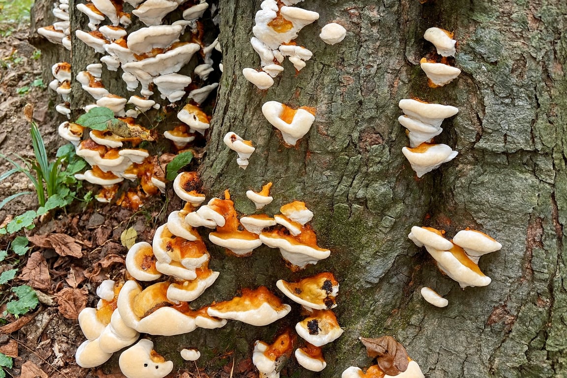 Lacquered polypore fungi “sweating” orange liquid during growth.