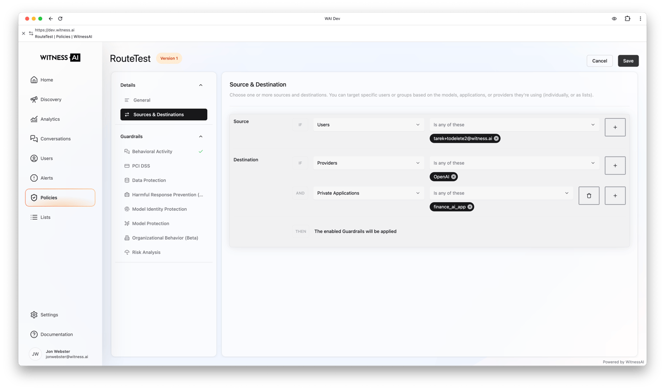 Image of the Witness AI “Policies” page, showing a Policy open in editing mode, with a new “Destination” added of type “Private Applications” and the “Finance AI App” entered in the “is any of these” field.
