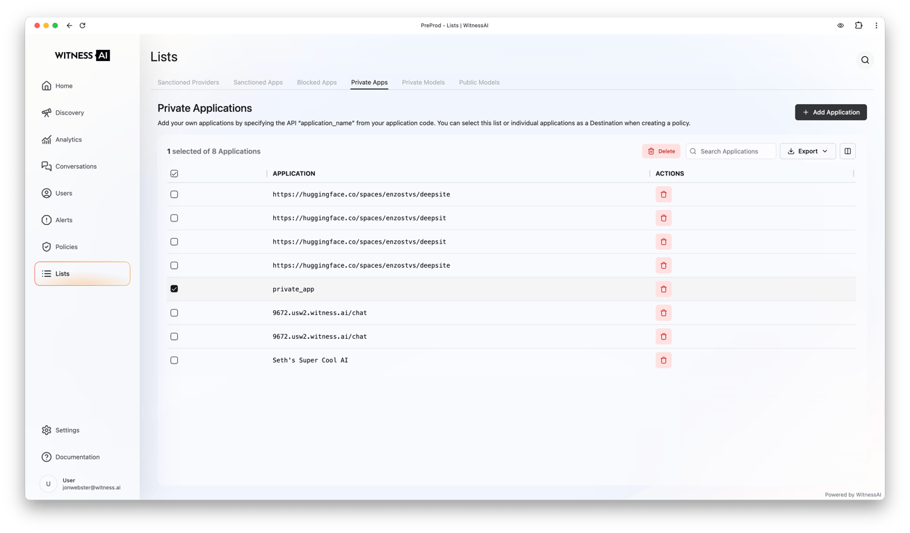 Image of Witness AI “Private Applications” list.