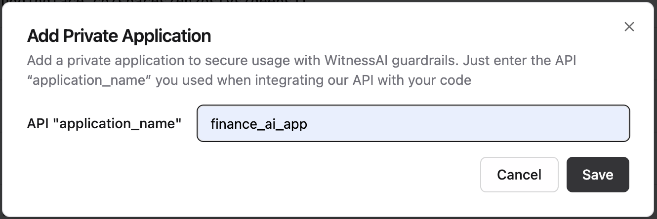 Image of the “Add Private Application” dialog box with application name added.
