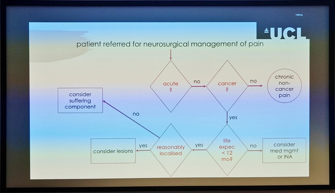 patient referred for neurosurgical management of pain consider suffering component no yes consider lesions acute reasonably localised no yes cancer yes life expec < 12 mo? no no chronic non- cancer pain consider med mgmt or INA 