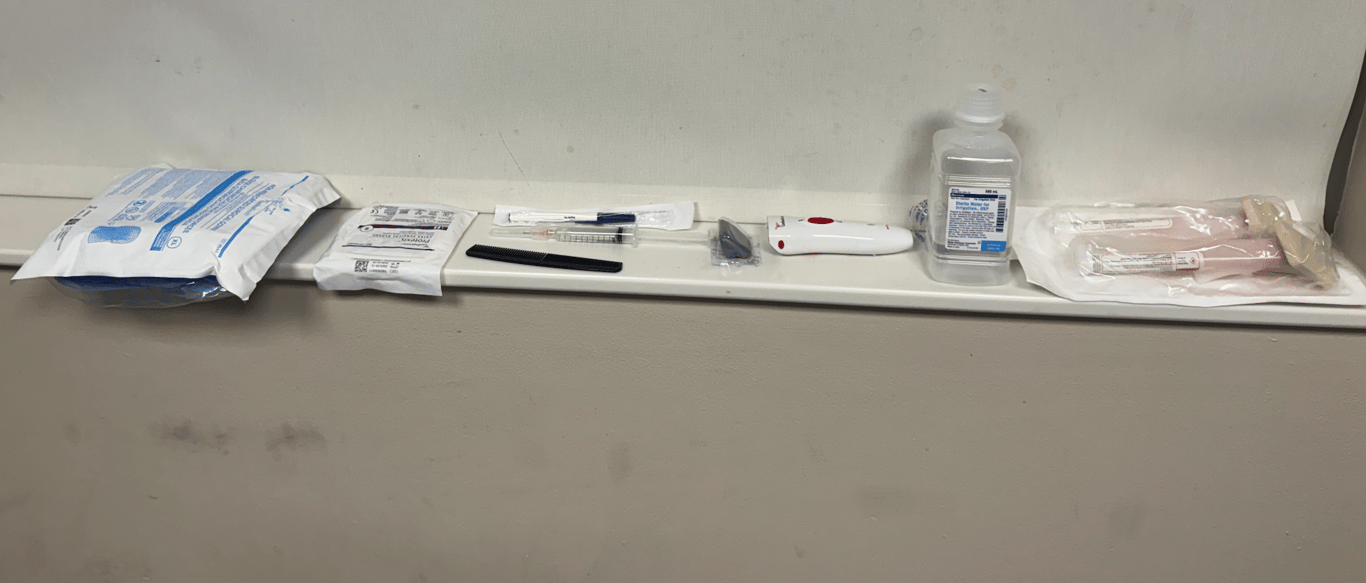 All the ancillary supplies you should have ready: gown + gloves, clipper + clipper head, comb, non-sterile shaver, lidocaine + epi, sterile water, chloroprep sticks.