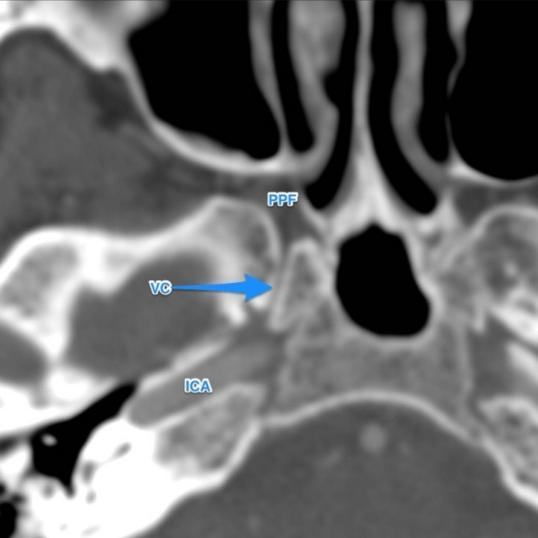 Vidian canal (VC) is well seen on the right passing to the pterygopalatine fossa (PPF). It contains the vidian artery, a branch from the internal carotid artery (ICA)