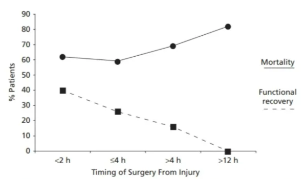 Relationship between mortality, functional recovery and timing of surgery post injury in the study by Wilberger et al. 