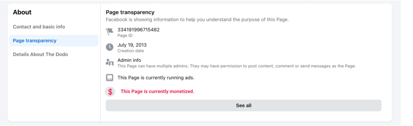 WHAT TO FIX Mock-up of a Facebook page transparency profile integrating monetization status