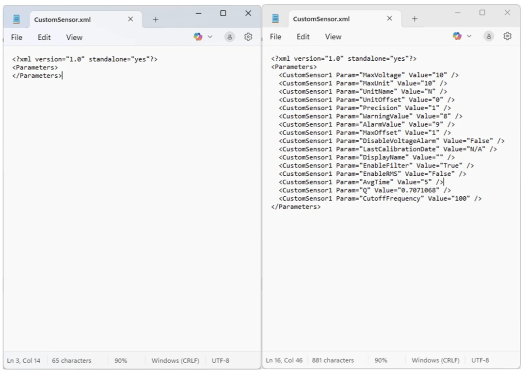 If you reopen the custom sensors file just created, you will see that the line have been added automatically depending on the class component, you can change thoses values in the mft configurator.