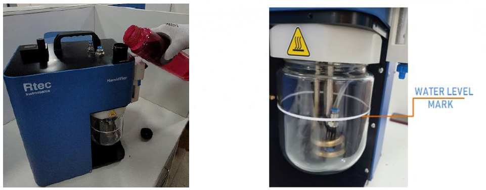 Pour the water slowly and carefully till the white line mark on the glass jar if not water may spill out