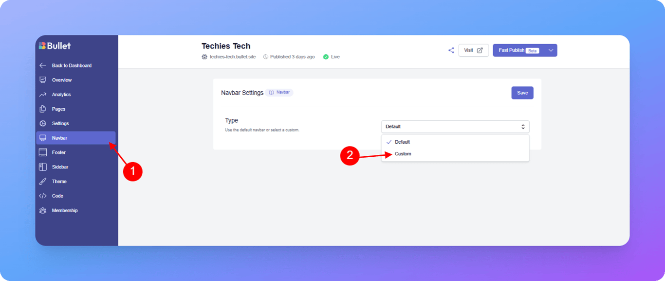 Bullet.so navbar configuration panel