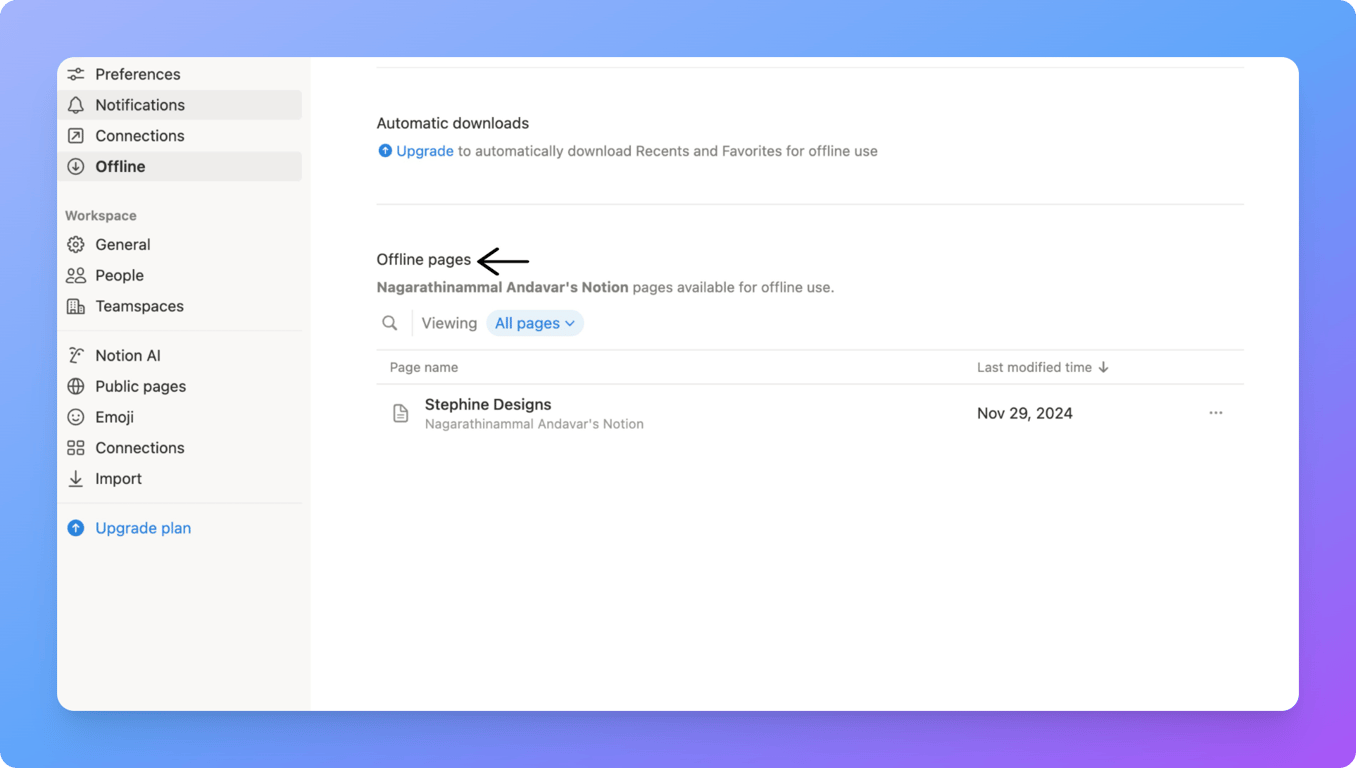 Check notion downloaded pages in settings