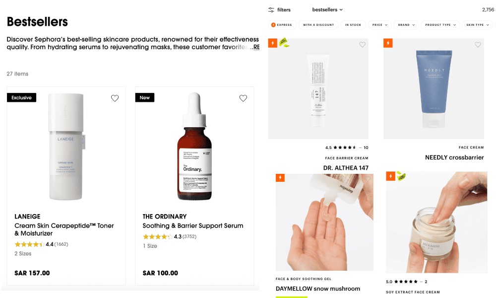 세포라 사우디아라비아와 골드애플 UAE의 베스트셀러 탭 상위 제품