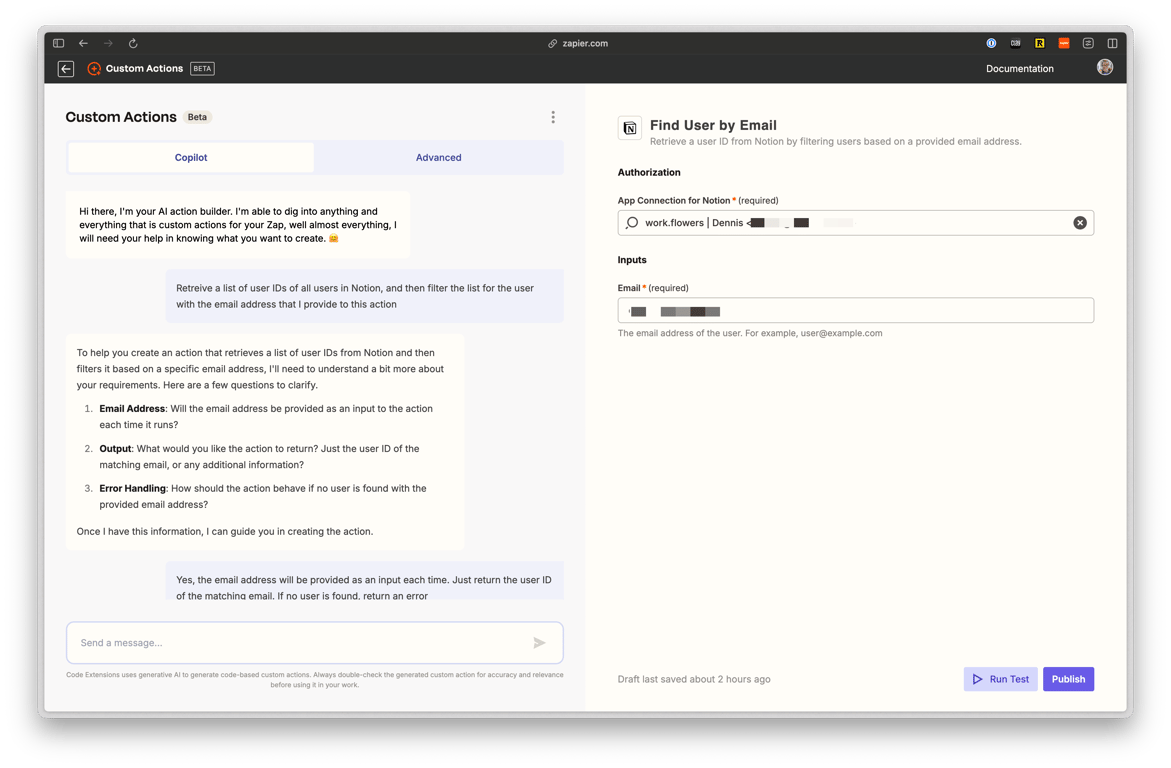 Chatting with Custom Actions’ AI co-pilot to build the action