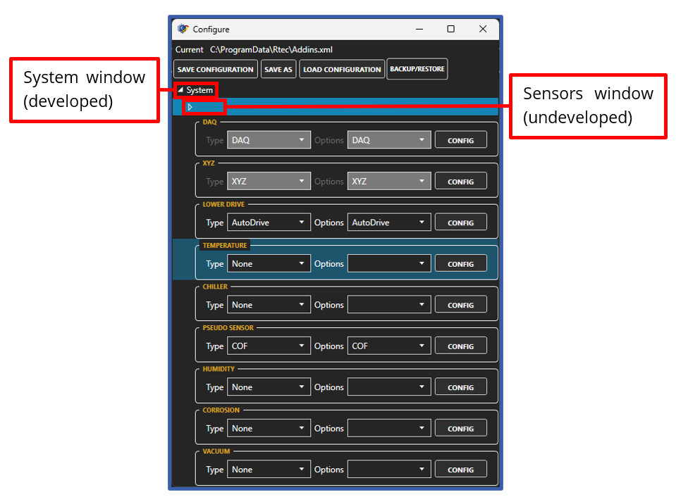 Configure window for the system