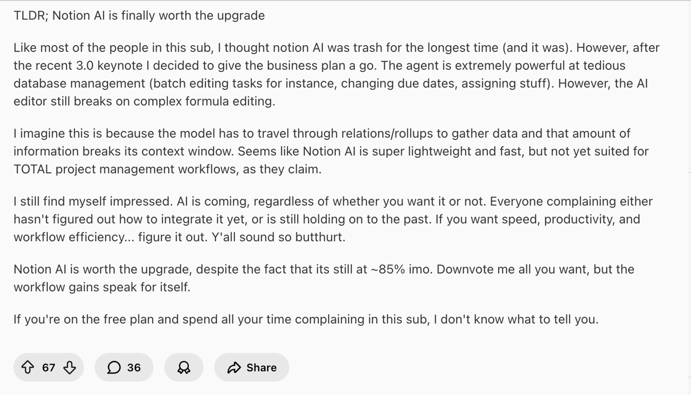 Positive review for Notion AI on Reddit